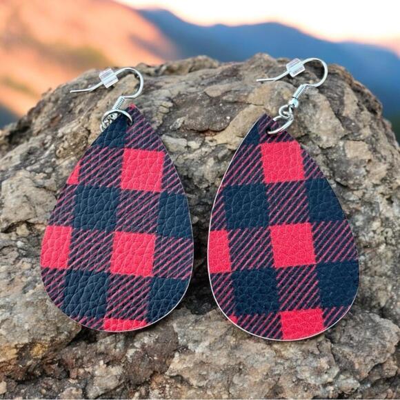 Red and Black Plaid Teardrop Leather Earrings - Picture 1 of 1